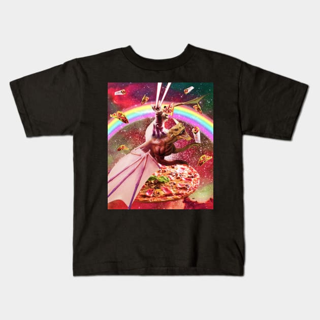 Laser Eyes Outer Space Cat Riding Dragon Kids T-Shirt by Random Galaxy